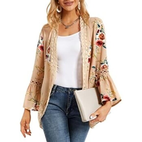 New Floral Beige Kimono Cardigan Lace Trim & 3/4 Bell Sleeves M RC10148 Open - Picture 3 of 10